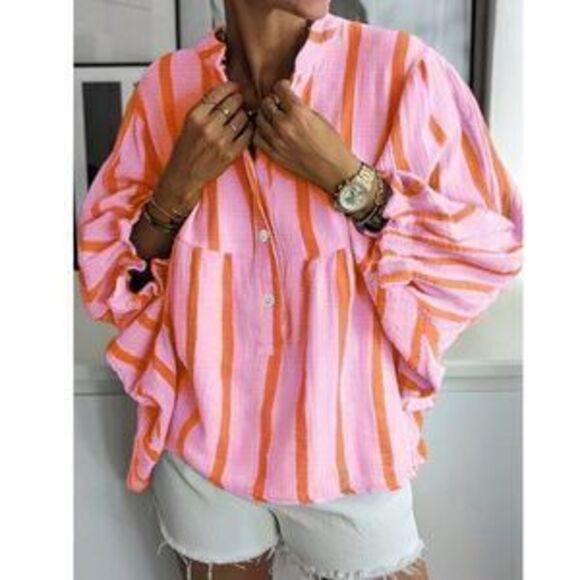 Tops - Pink with Red Stripes Oversized Button Down Shirt Batwing Sleeve